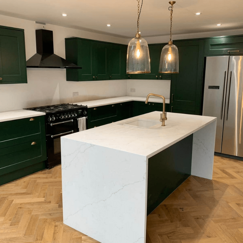 quartz green kitchen island