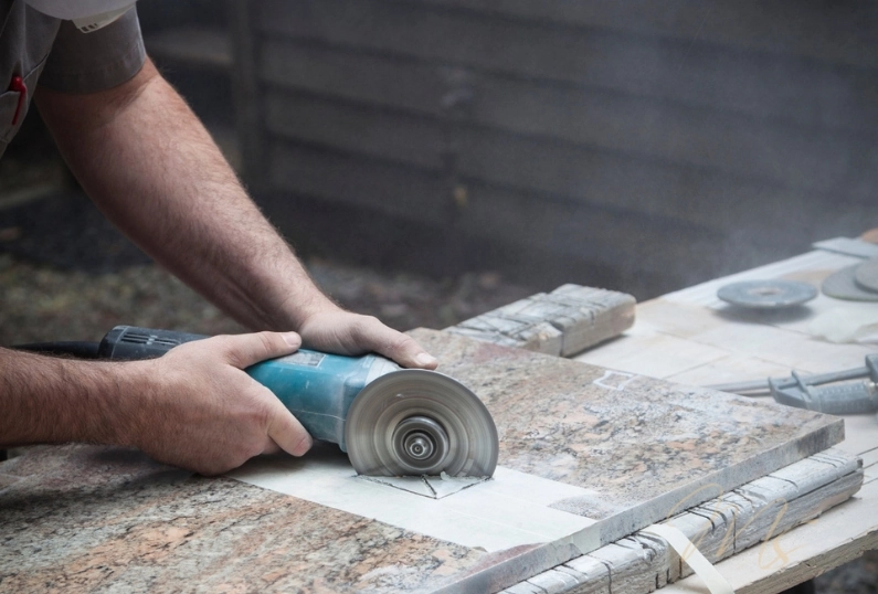 Close-up of a worker cutting a granite slab with an electric circular saw. The worker is wearing a grey shirt, and the granite is supported by wooden beams and clamps. Dust is visible around the cutting area, indicating an active and precise cutting process.